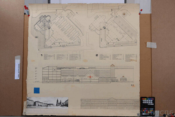 Конкурсный проект архитектурного решения Сенной площади с новым зданием аэровокзала. План, разрез, фасад, 1989