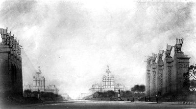Высотные дома на площади Победы, на переднем плане - Арка Победы